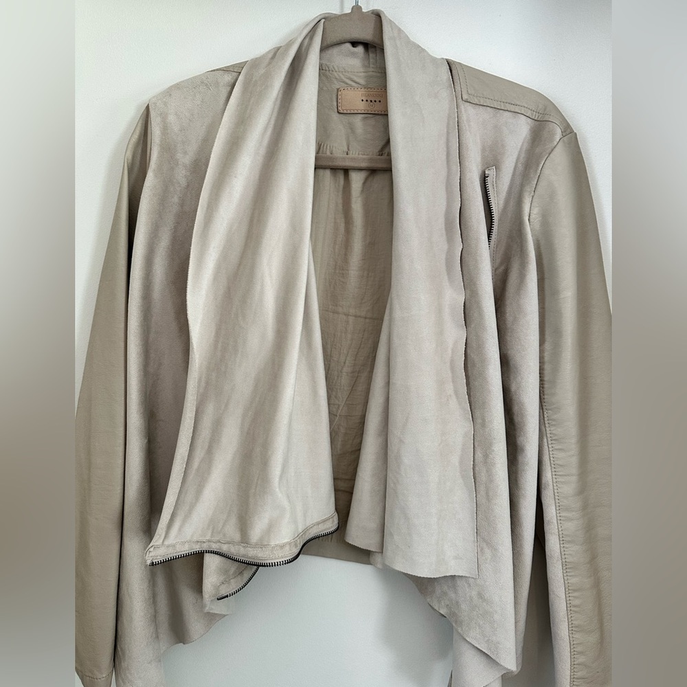 BlankNYC draped jacket faux leather and suede, tan, size M.